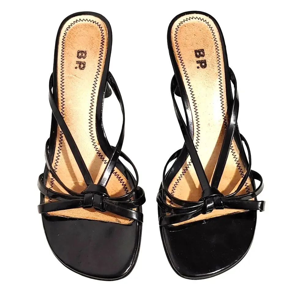 BP. Butterfly Strappy Heel Sandals Open Toe Patent Leather Black Womens Size 6M
